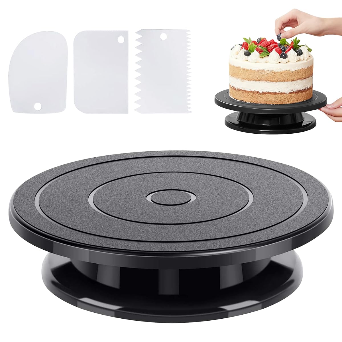 Tortenplatte Drehbar Cake Board Tortenständer Drehteller Torte 27 cm mit 3 Kuchenschabern Torten Drehplatte Cake Decorating Turntable Drehscheibe Torten Drehteller Torte für Kuchen Backen