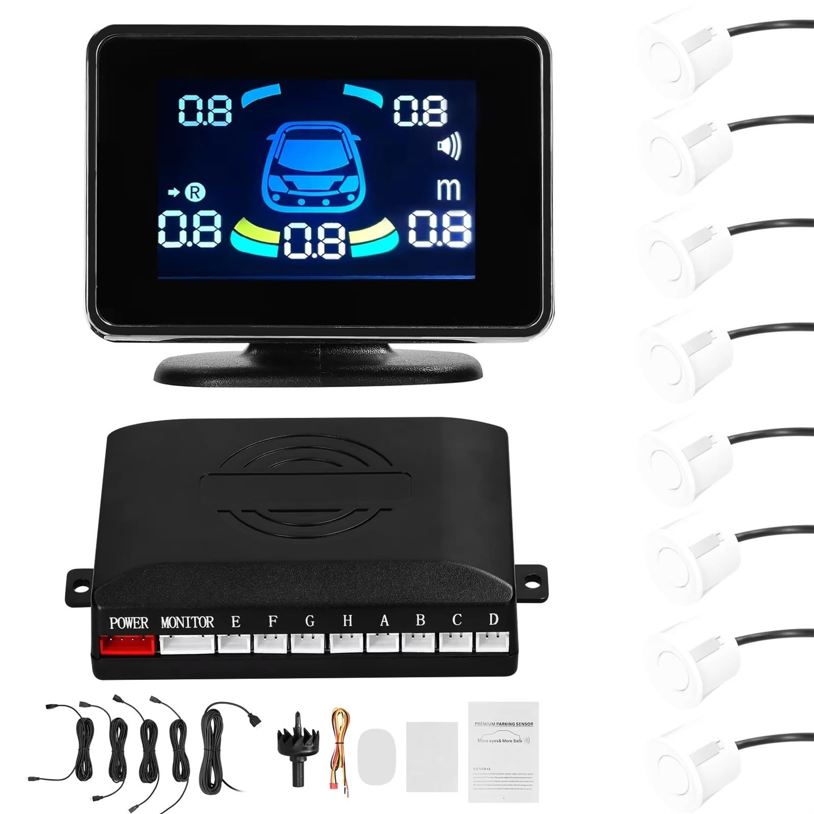 Parking Radar Alerta Sensor Aparcamiento para Coche Radares Marcha Atrás Soporte Delantero Y Trasero Advertencia Sonora/zumbador con 8 Sensor Estacionamiento(White)