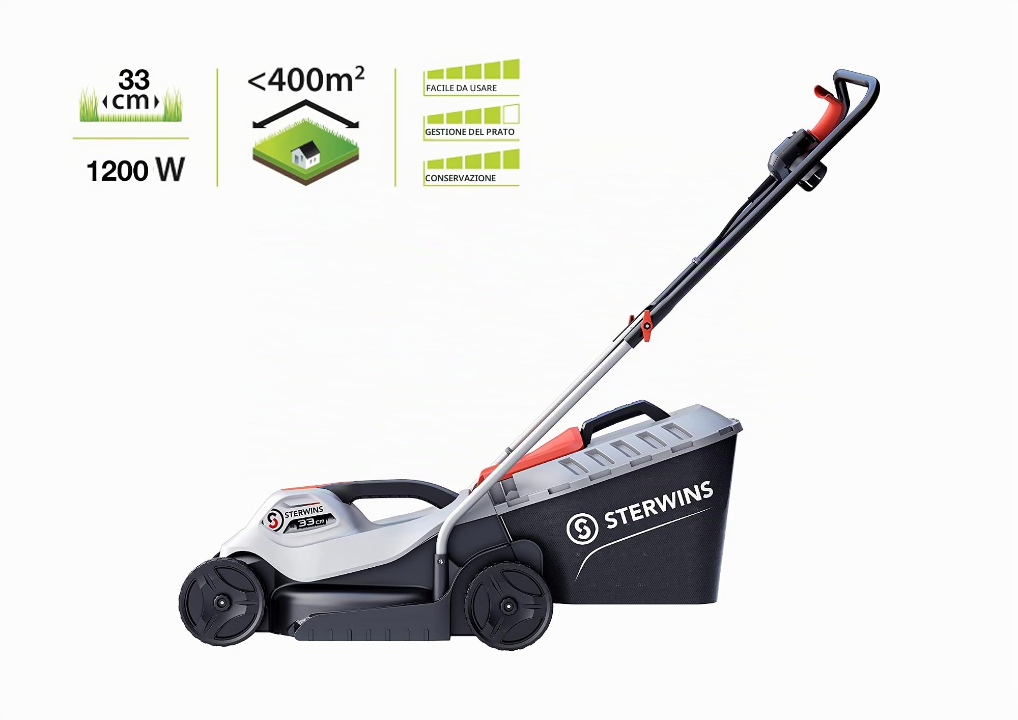 STERWINS - Tosaerba elettrico - 400 m² - 1200 W - 220 V - 330 mm di larghezza - cestello 30 l - 4 posizioni