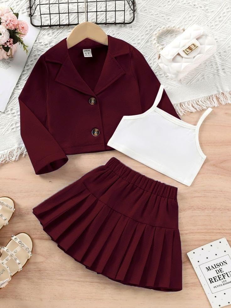 Image of Three Piece Co ord Set Dress for Girls| Jacket Top and Skirt Open Front Suits Set| Girls Clothing Set