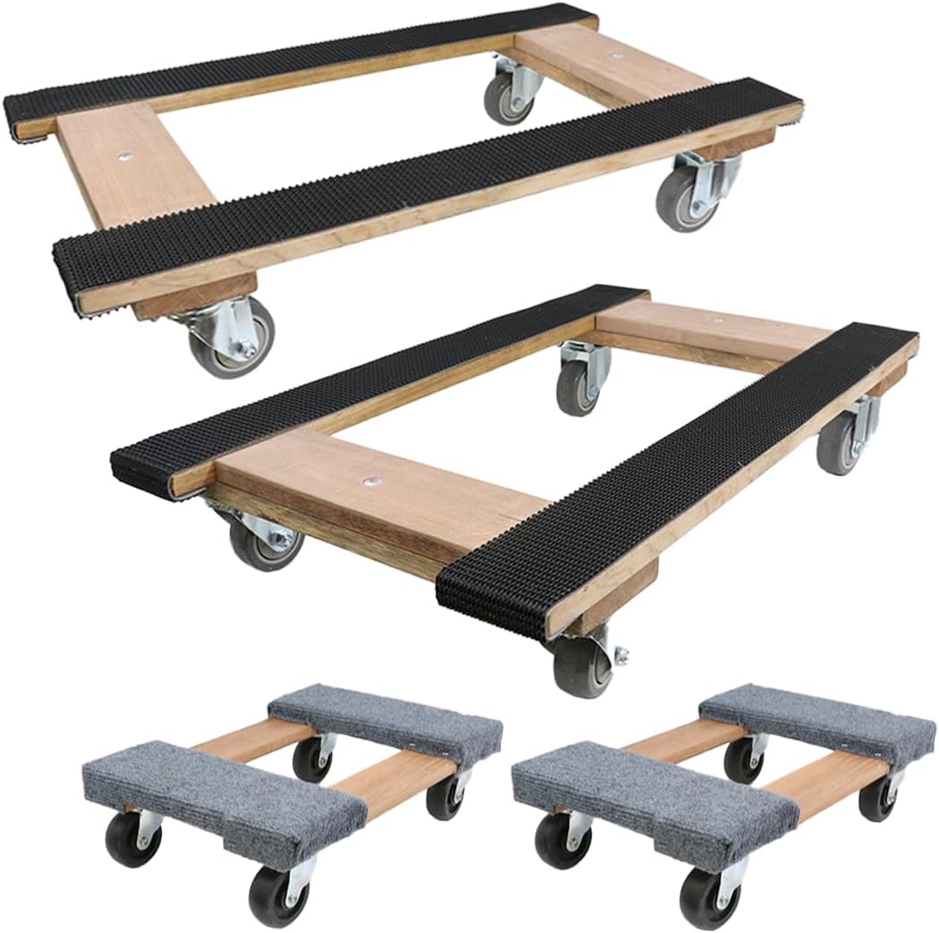 BoxerTool Variety Pack Dollies 18” x 30” /18 x 12 Furniture Moving Pro Dollies 4 Pack – 2,400lbs Each Dolly – Solid Wood – Heavy Duty Caster Wheels – Pre Assembled Dollies
