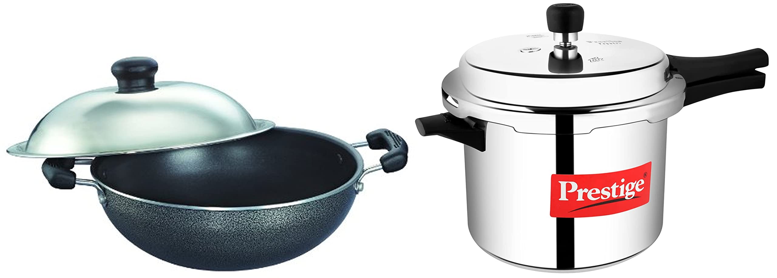 Prestige Popular Aluminium Outer Lid Pressure Cooker, 5 Litres, Silver & Prestige Omega Select Plus Aluminium Non-Stick Round Base Kadhai with Lid, 20 cm, Black (B0BB6Q13NZ) Amazon Price History, Amazon Price Tracker