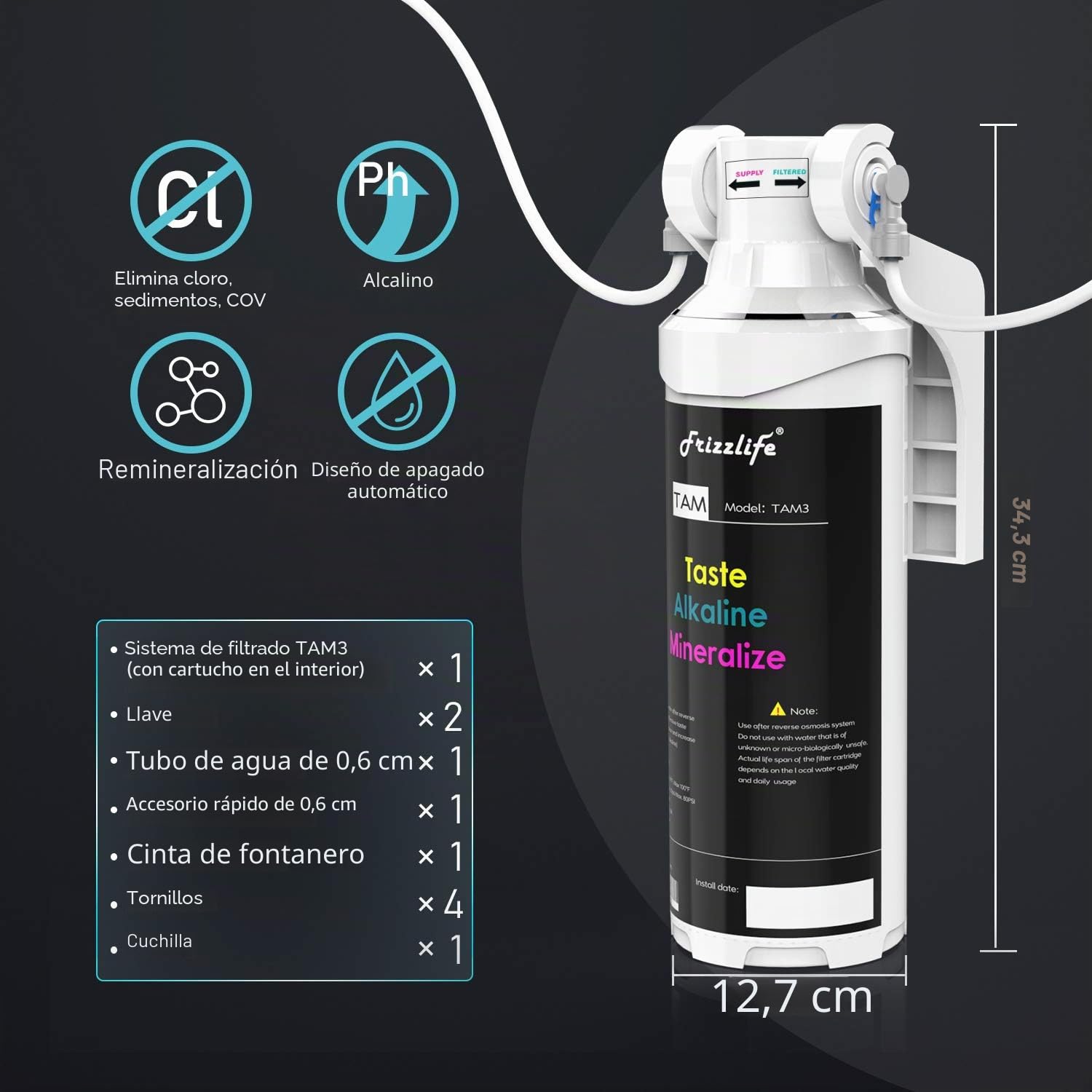 Filtro de agua bajo el fregadero TAM3 de Frizzlife - Remineralización alcalina PH+, certificado NSF/ANSI 42, se adapta a tuberías de 1/4" para sistemas de ósmosis inversa