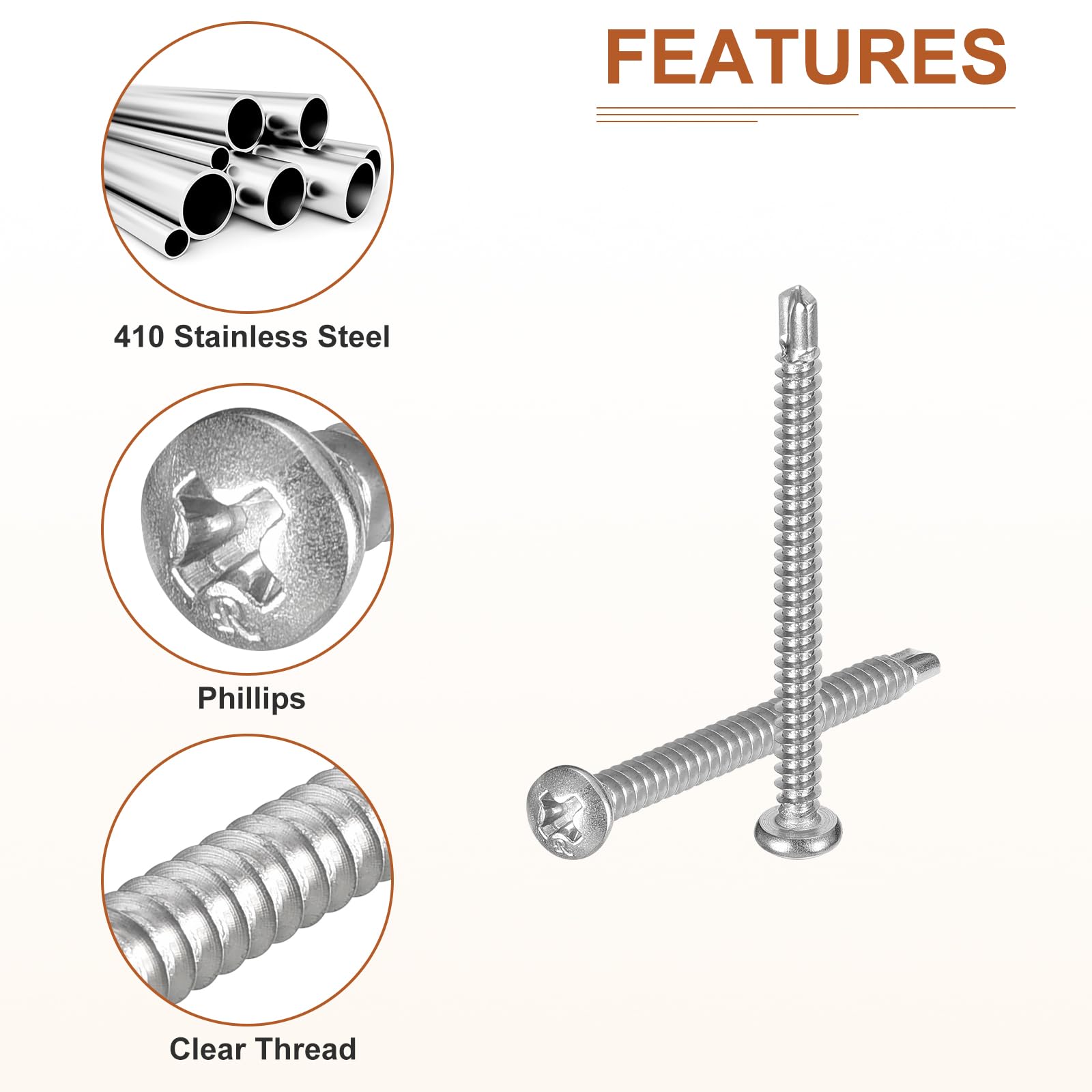 DTGN #8x2" Pan Head Self Drilling Screws - 100Pack - 410 Stainless Steel Phillips Drive Self Tapping Sheet Metal Screws - Image 4