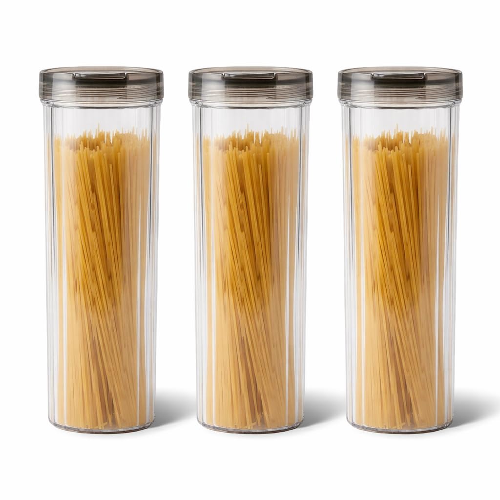 Punorric 3Pack Pasta Storage Containers, 1.8L Clear Tall Spaghetti Storage Jar with Lid, Airtight Round Pasta Containers for Kitchen, Multi-Purpose Leakproof Spaghetti Jar for Noodles, Cereal, Flour