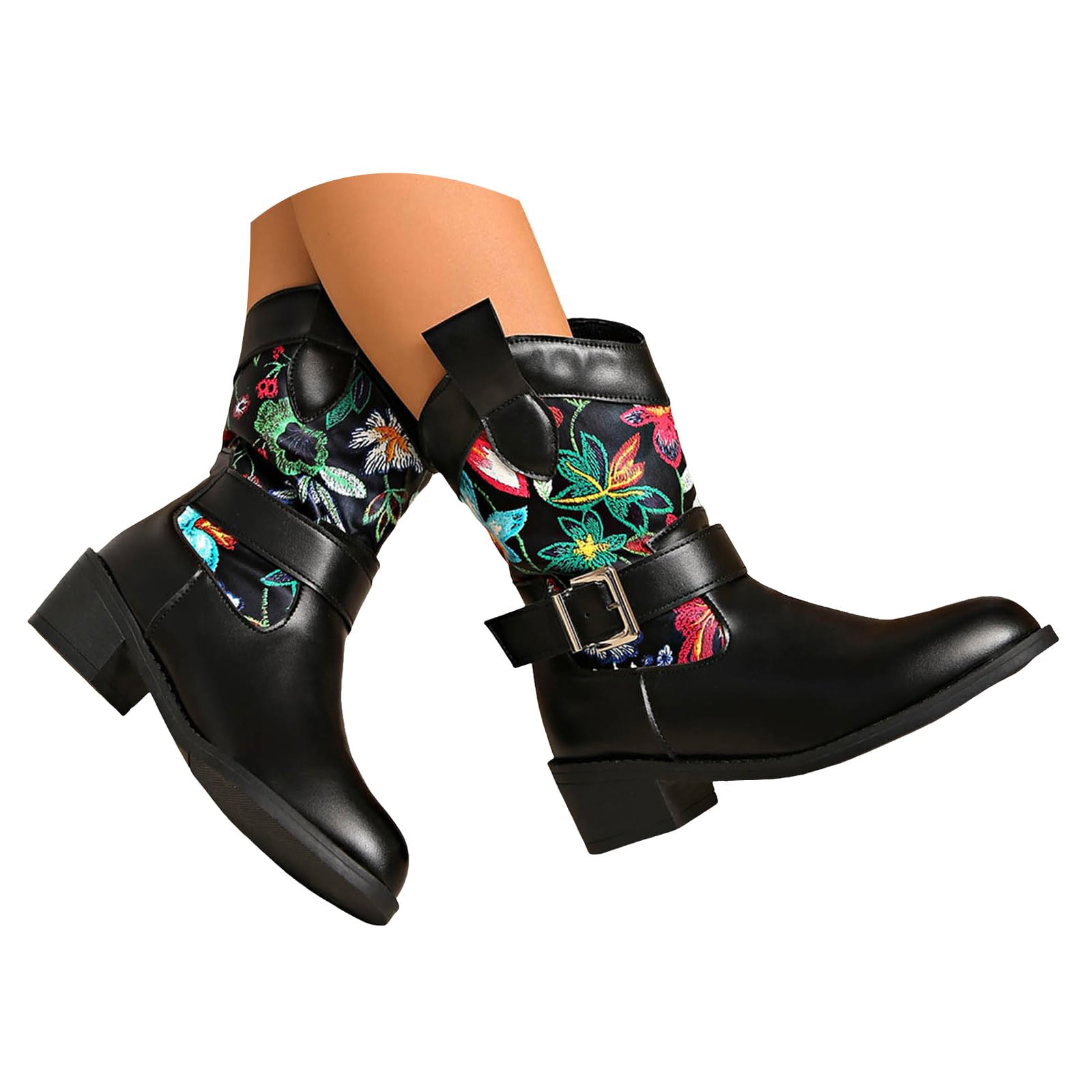 Women Embroidered Floral Cowgirl Boots Fashion Cowboy Boots Womens Snip Toe Leather Chunky Low Heels Dress Booties Flower