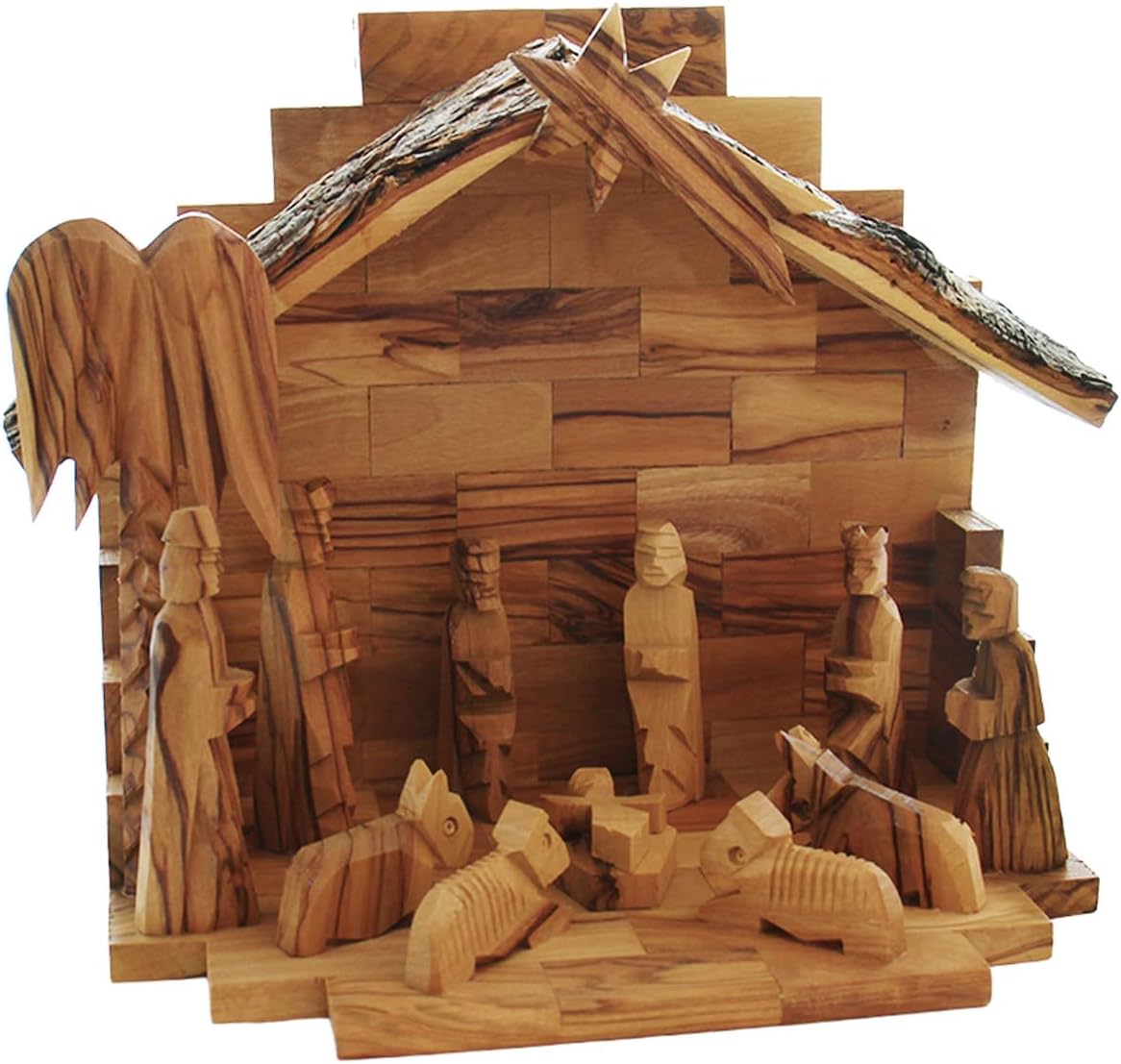 Handmade Olive Wood Nativity Set with Natural Bark Roof – Hand-Carved Bethlehem Manger Scene – Authentic Holy Land Christmas Tabletop Centrepiece - Christian Gifts 7"