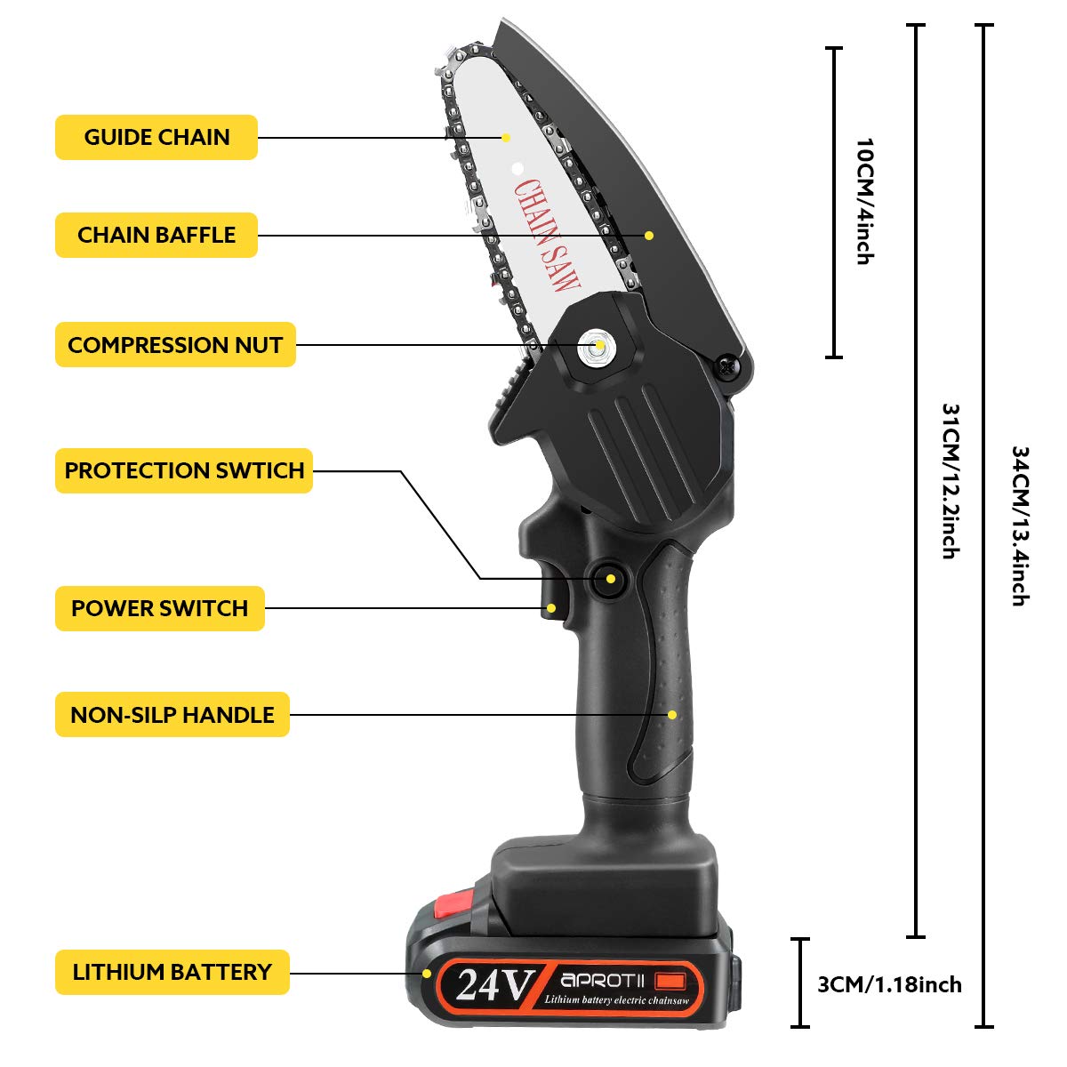 Mini Chainsaw, APROTII 4Inch 24V Cordless Electric Portable Chain Saw