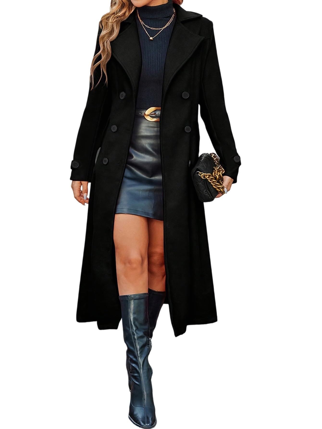 Liuyuyougo Women's Black Long Wool Pea Coat Notched Lapel Double Breasted Trench Coats Elegant Slim Fit Longline Wool Blend Overcoat Fall Winter Warm Dressy Jackets Duster Outwear S