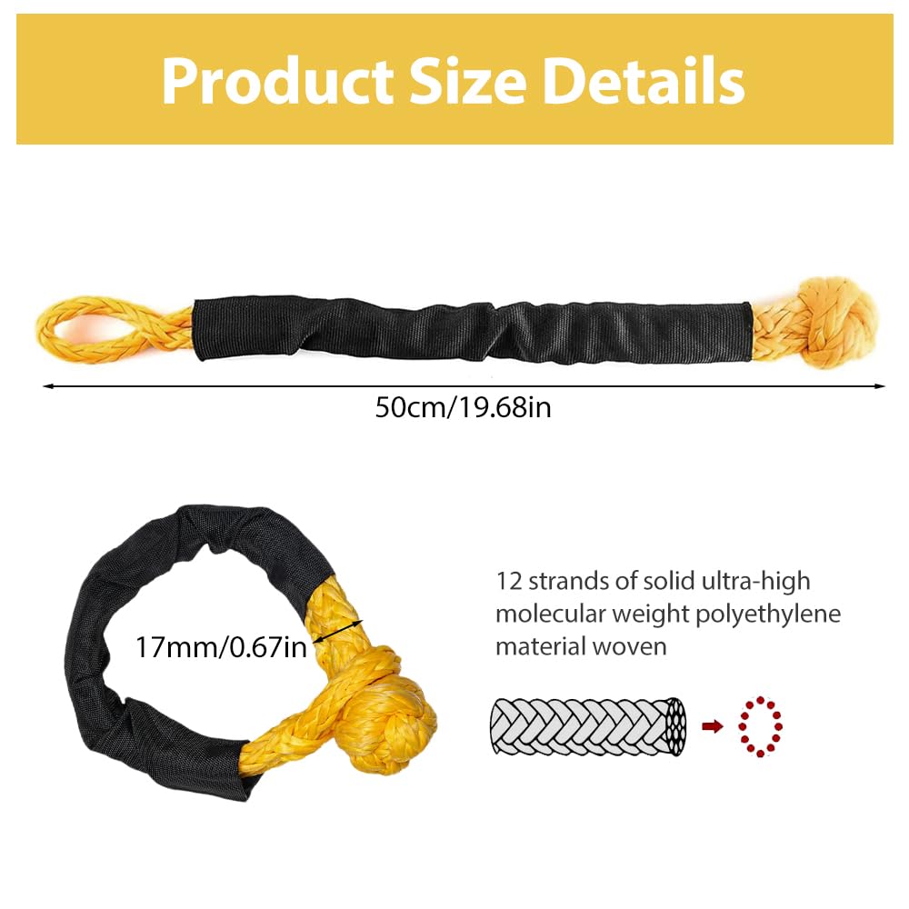 Lot de 2 manilles souples, résistance à la rupture 17T, corde de récupération synthétique avec protection de tuyau de sangle, manille souple pour récupération hors route, remorquage, camion