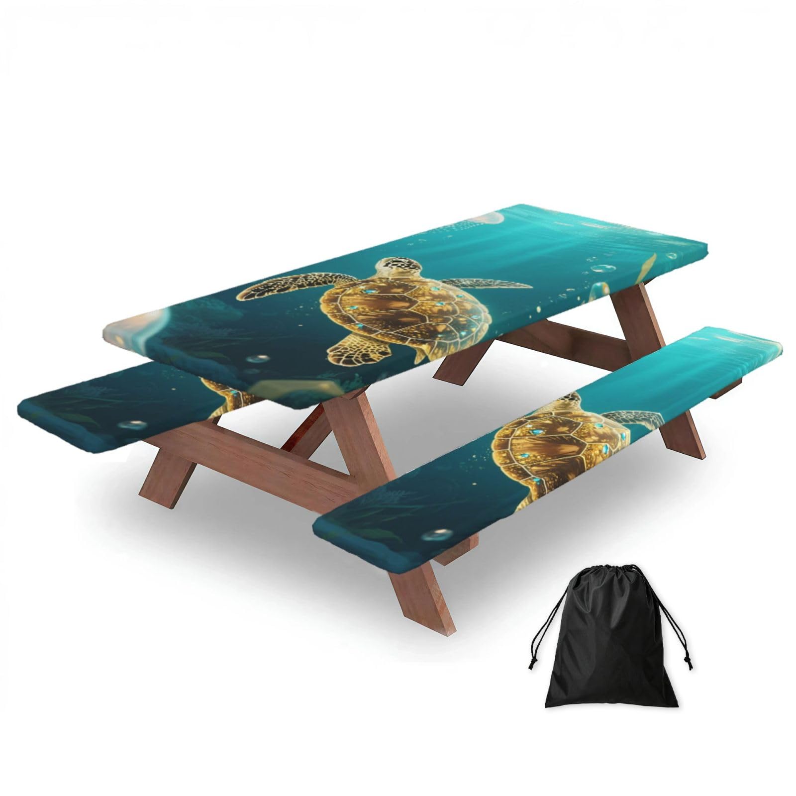 FekiLoot Turtle Picnic Table Cover with Bench Covers and Bag, Windproof Waterproof Rectangle Tablecloth with Elastic Edges Fitted Camping Table Covers for Picnic Party Travel