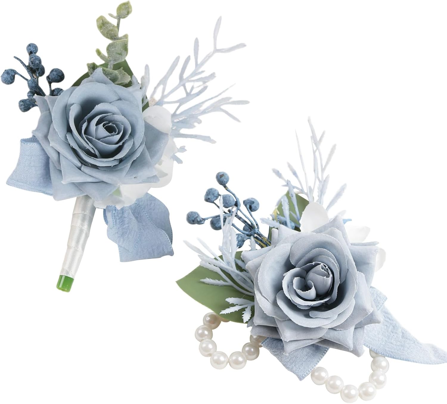 Alizeal 2Pcs of Wrist Corsage and Boutonniere Set, Artificial Flowers Accessories Suit Decor for Wedding Prom Party Homecoming Ceremony, Haze Blue