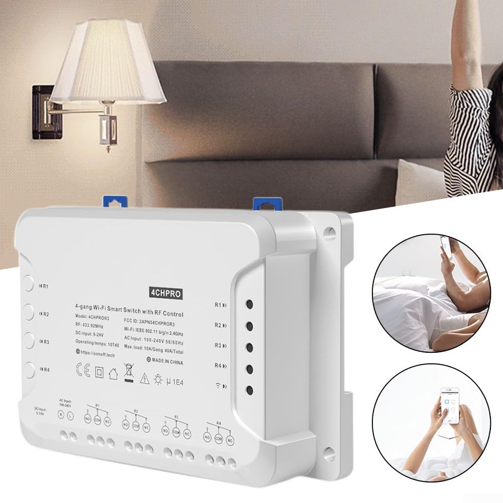 4CHPROR3 Commutateur intelligent WiFi sans fil, 4 Gang Pouces/Autoverrouillage/Interlock WiFi RF Télécommande Commutateur