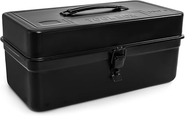 Tosnail Metal Tool Box, 14" Portable Empty Toolbox with Handle, Latch Closure and Removable Divided Storage Tray, Heavy Duty Craftsman Tools Organizer, Black