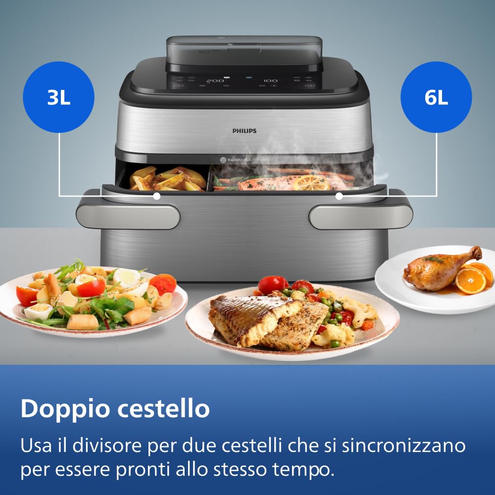 Philips Airfryer Serie 5000 con Maxi Capacità e Funzione Vapore – SteamFry, Vapore e Frittura ad Aria – 28 Programmi di Cottura, Doppio Scomparto 3L+6L, RapidAir Plus, SteamClean (NA565/00)