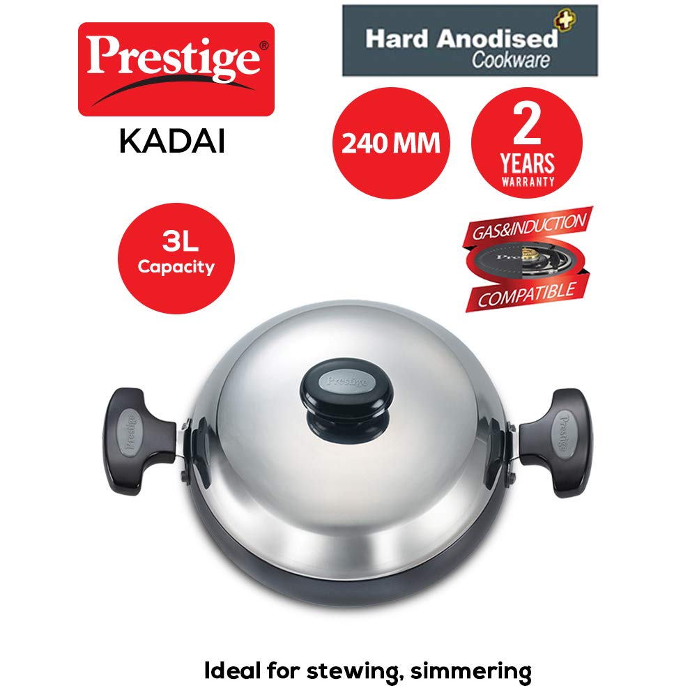 Prestige Hard Anodised 240 mm Black Kadai, 3 Litre, Stainless Steel Handle, Dishwasher Safe