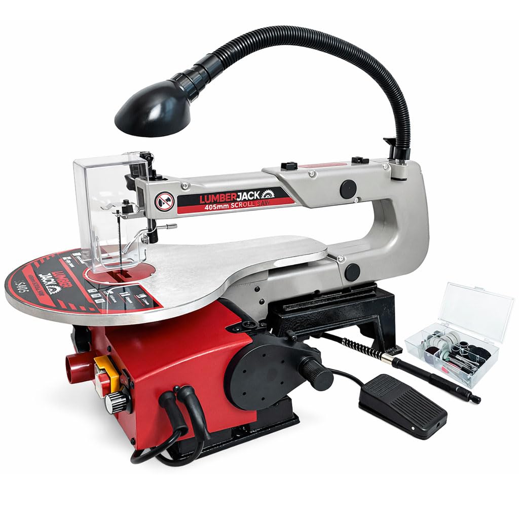 Lumber Jack Red Lumberjack Scroll Saw 16" 405Mm Variable Speed With Flexi Led Light, Flexi Shaft & Foot Pedal Rotary Tool, 64Pc Accessory Kit, Scroll Saws For Woodworking, Pinned & Pinless Blades, Mini Band Fret Saws