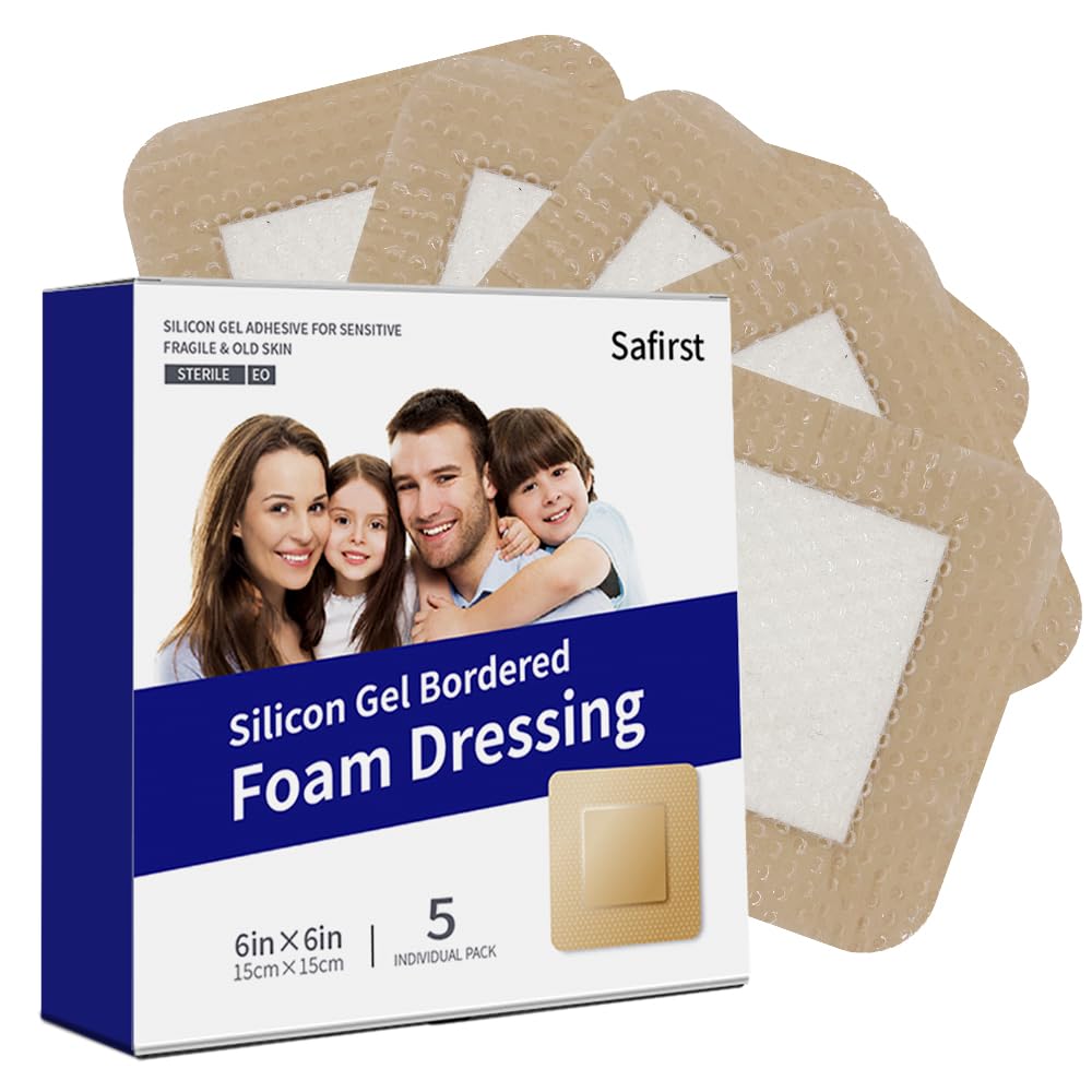 Safirst Silicone Foam Dressing with Border 5 Packs Waterproof Adhesive Bandages for Wounds Super Absorbent Bandaging Pads for Wound Care (6
