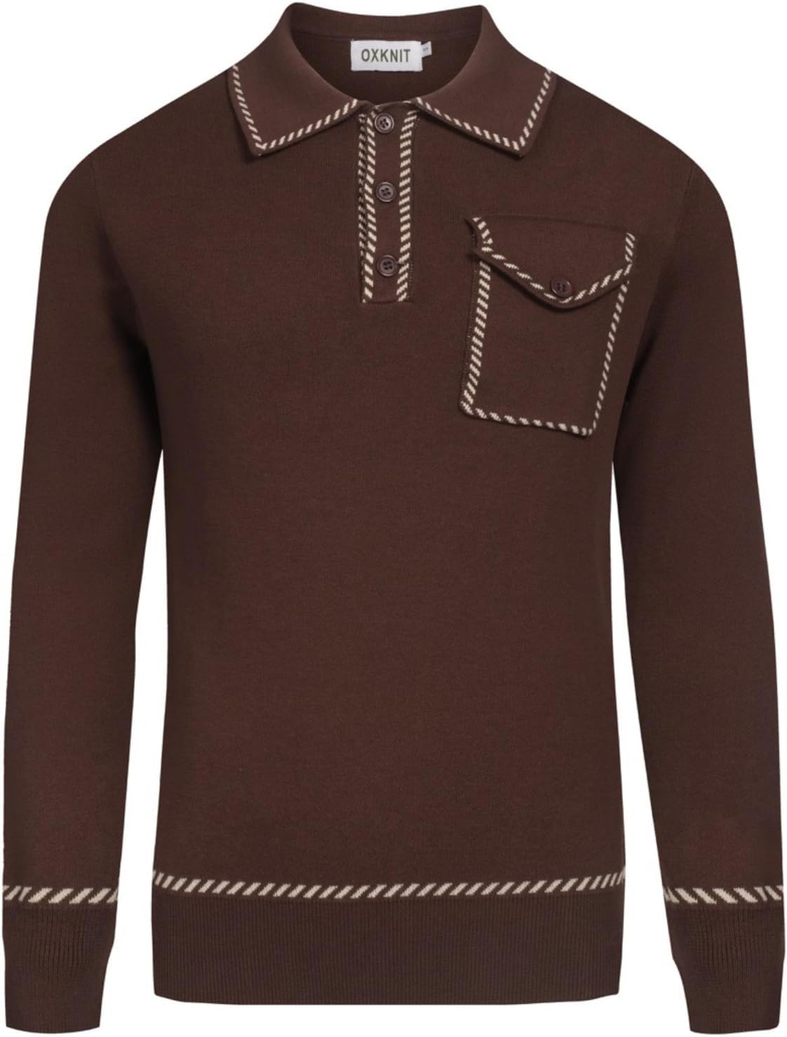 OXKNIT Men’s Knit Long Sleeve Polo Shirts, Mod Style Retro Stripes Quarter Button Brown Pullover Sweater with Pocket