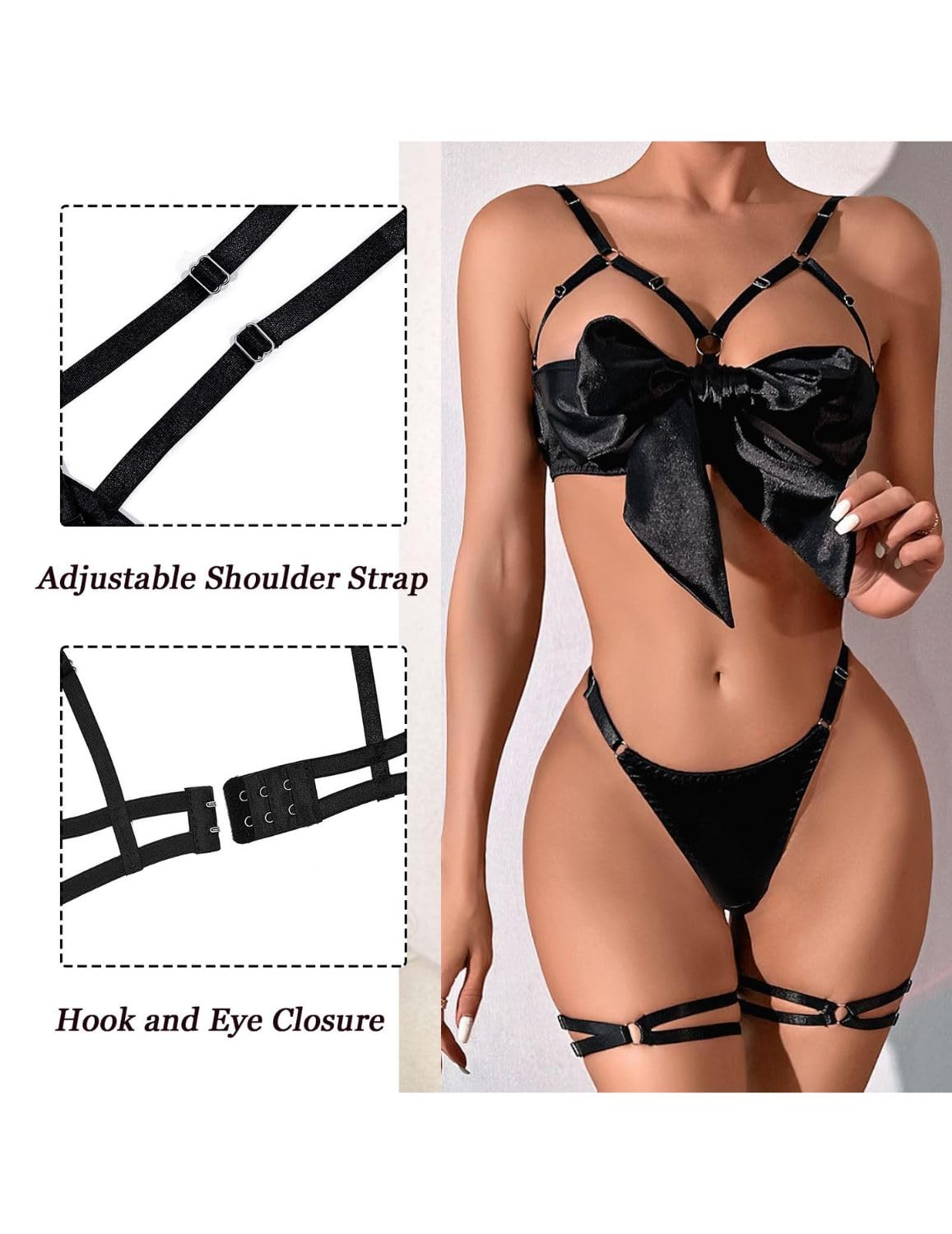 ROSVAJFY Women Sexy Satin Bow Lingerie Unwrap Me Naughty Lingerie 3 Piece Cute Bra and Panty Sets Ladies Valentines Outfit