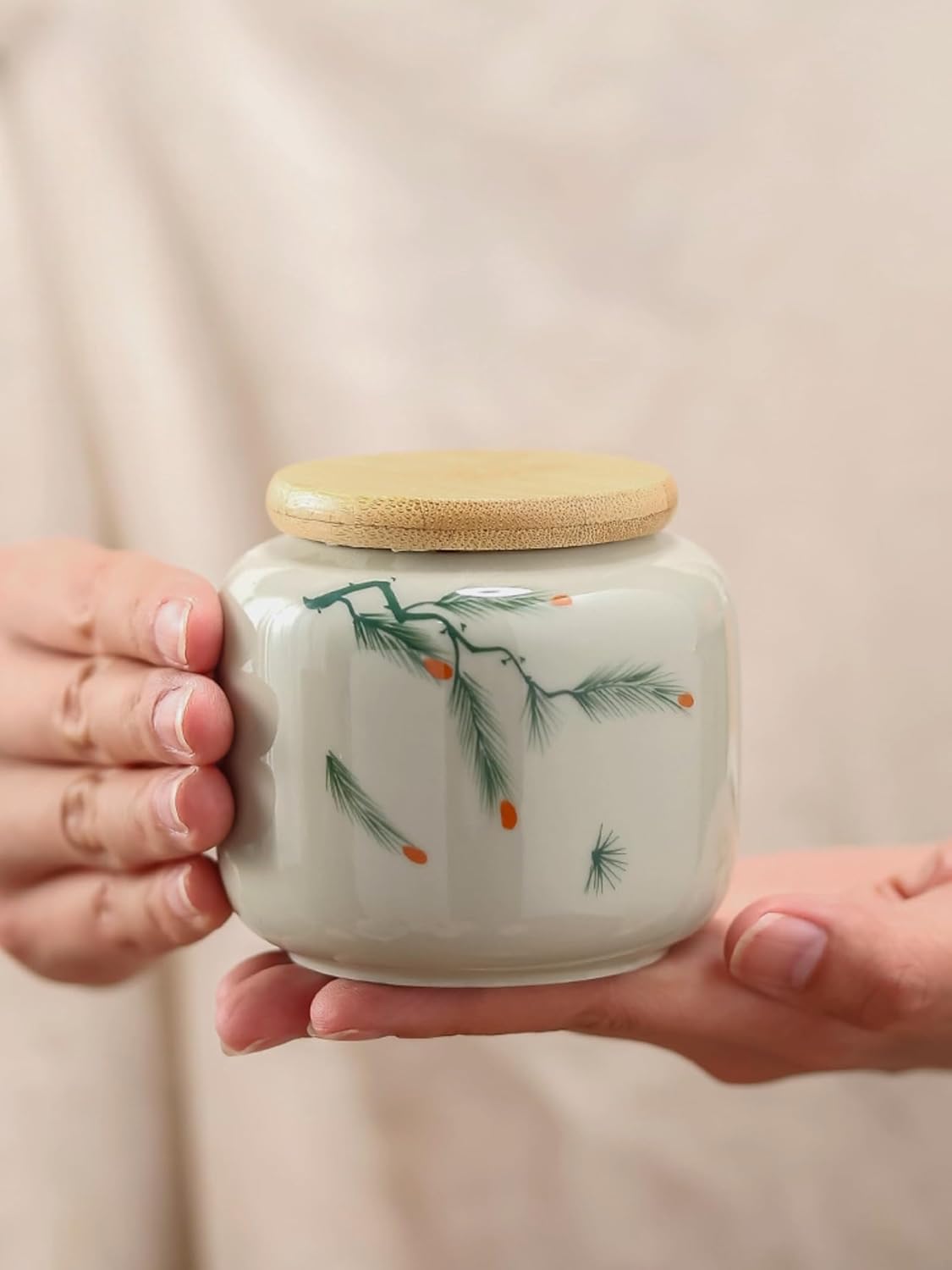Chinese Style Underglaze Color Tea Caddy, 225ml 7.4oz, Hand-drawn Ceramics Tea Storage Jar Tea Ceremony Accessories