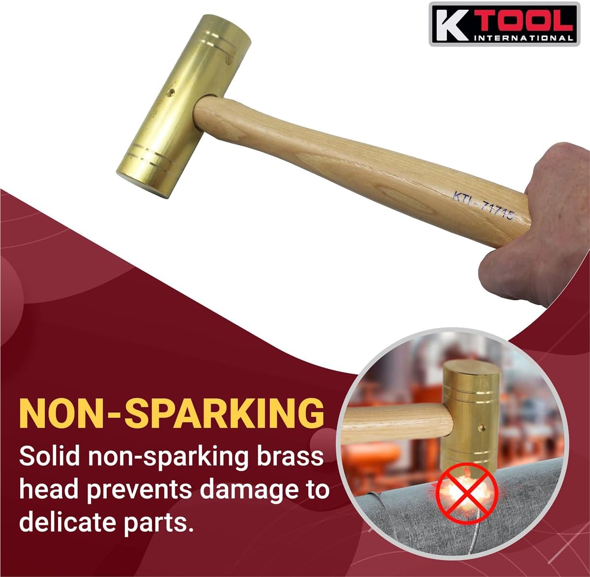 K Tool International 71715 24 oz. Brass Ball Pein Hammer with Hickory Wooden Handle for Garages, Repair Shops and DIY, Solid Brass Head, Non Sparking, 1-1/4" Head, Made in USA