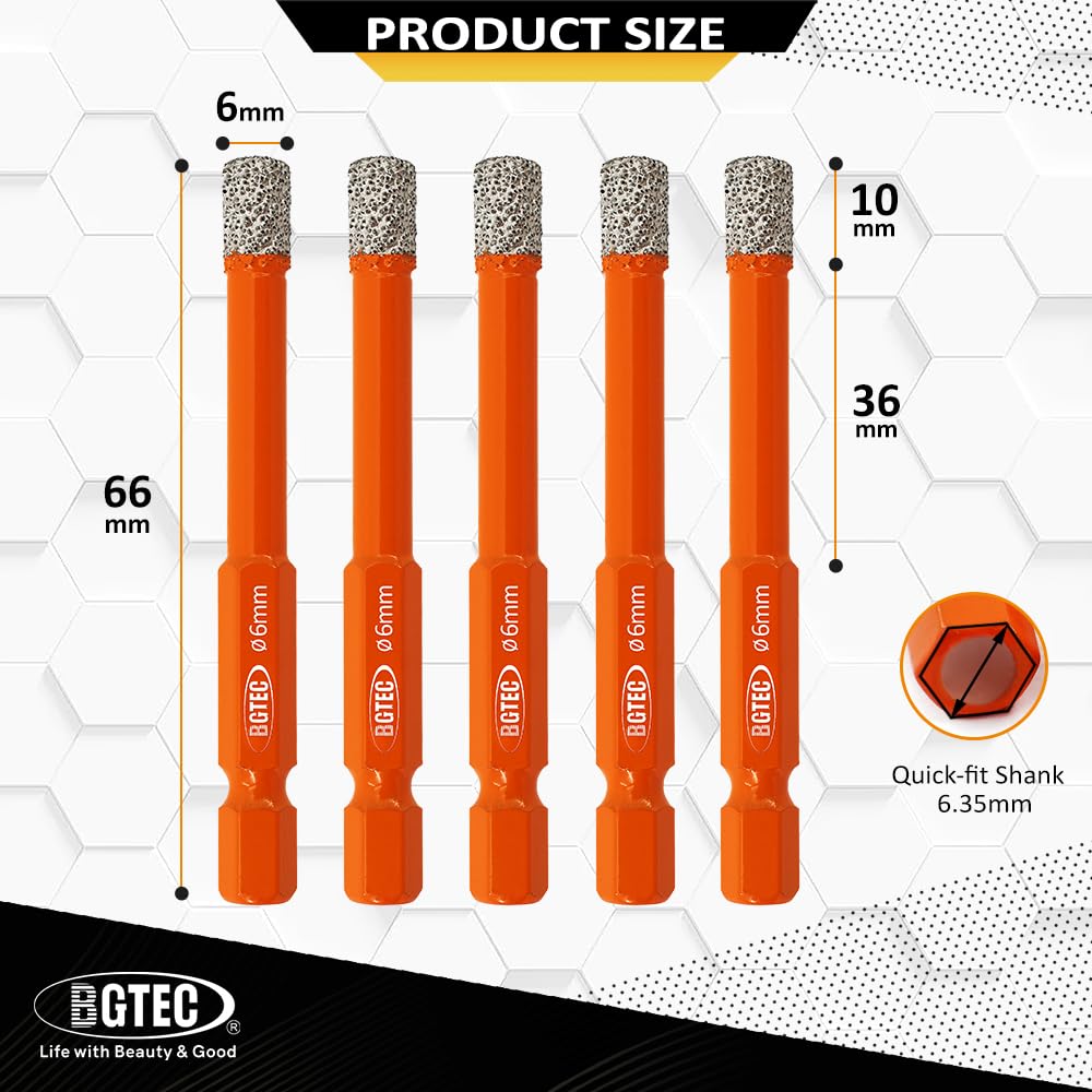 BGTEC Suche diamentowe wiertła 5 szt. 6 mm z uchwytem sześciokątnym do granitu marmuru porcelanowego płytki ceramicznej