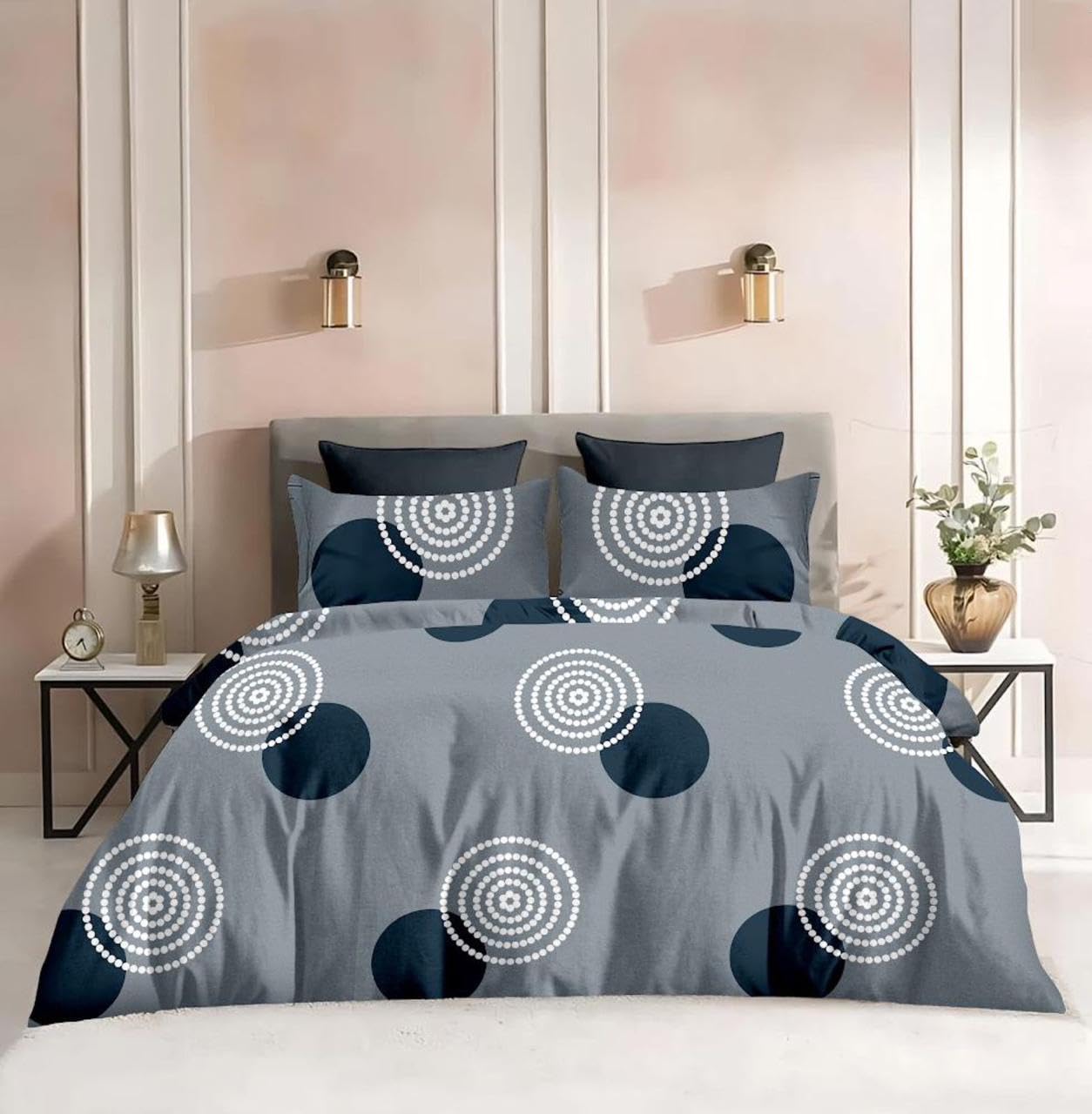 YORIK 100% Microfiber bedsheet for Double Bed with 2 Pillow Covers Breathable | Wrinklefree and Softtouch Geometric Circle Print Sheet (Light-Gray)