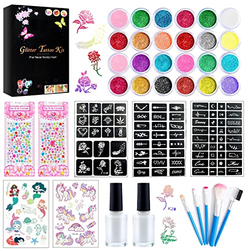 Kit Tatuajes Temporales Niñas,Tatuajes Temporales,Tatuaje con Purpurina,24 ColoresTatuajes Purpurina,con 78 Plantillas, 5 Pinceles, 2 Pegamentos, 4 Pegatinas para Carnaval, Halloween Cover