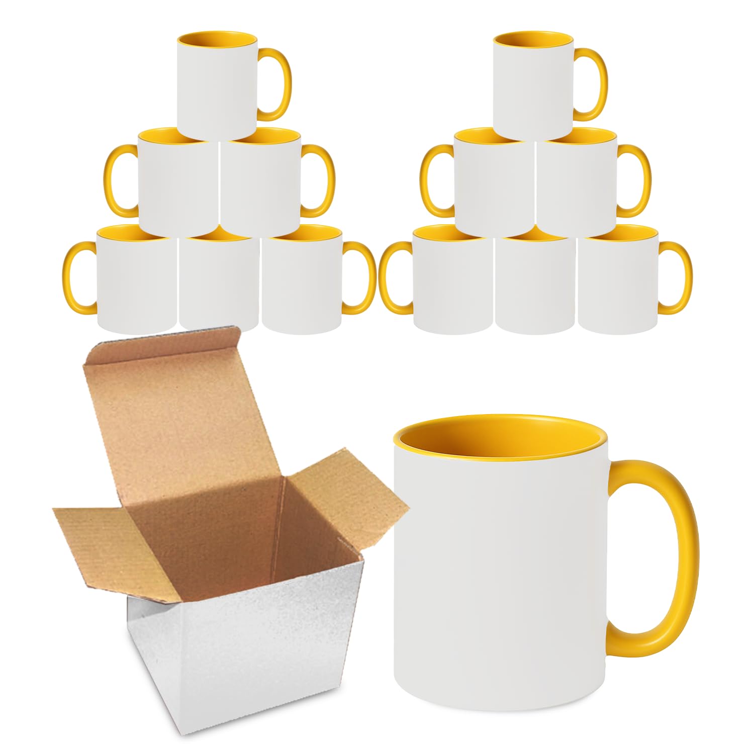 Sublimation Mugs 11oz Blank with Coloured Large Handle & Inner with Box | Durable, Ceramic Orca Finished Mugs Perfect for Custom & DIY Printing, for Loved Ones | Yellow Bulk Pack of 12 — image 1