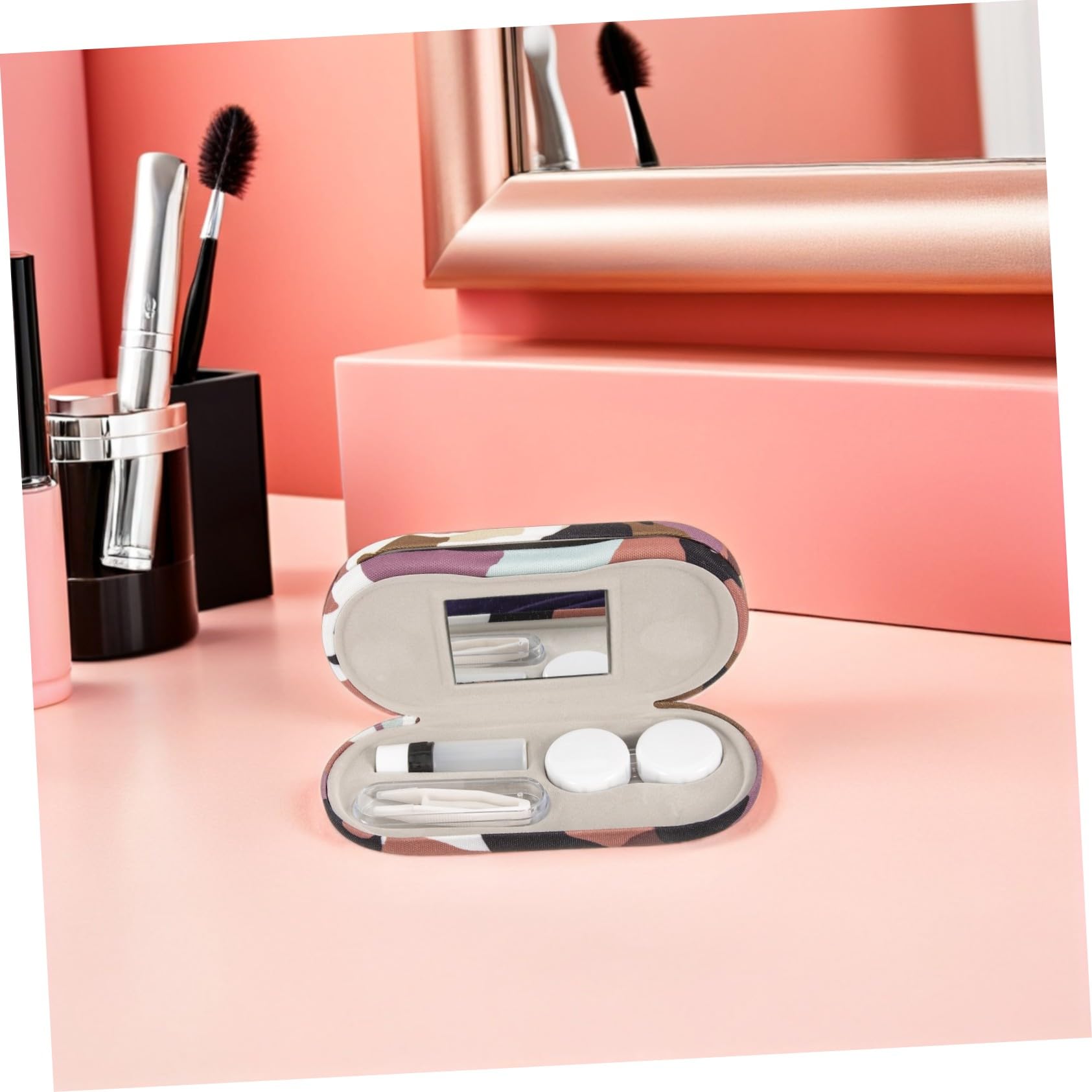 Beaupretty 2 Set Custodie Rigide Doppio per con Specchio e Pinzette Scatola Camouflage per Lenti Contatto e Organizer Portatile per Viaggi e Uso Quotidiano