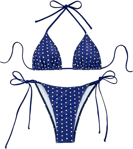 SweatyRocks Women's Polka Dots Halter String Bikini Set Thong Cheeky Two Piece S