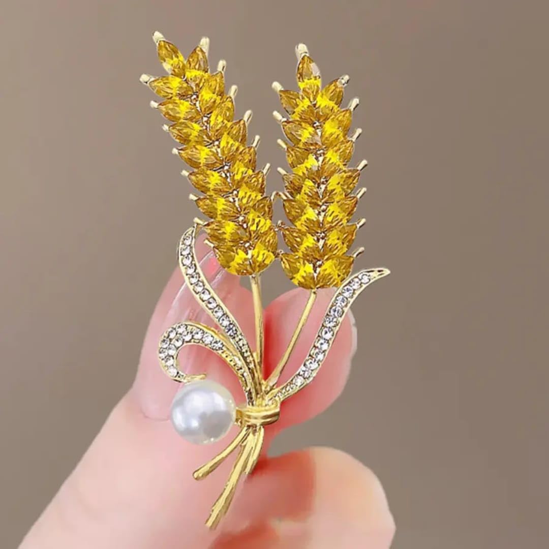 fiable collection Golden Wheat Brooch for Women | Crystal Pearl Brooch Pin | Designer Saree Brooch for Blazer, Coat, Dress | Elegant Party & Wedding Jewelry Gift-picture-32
