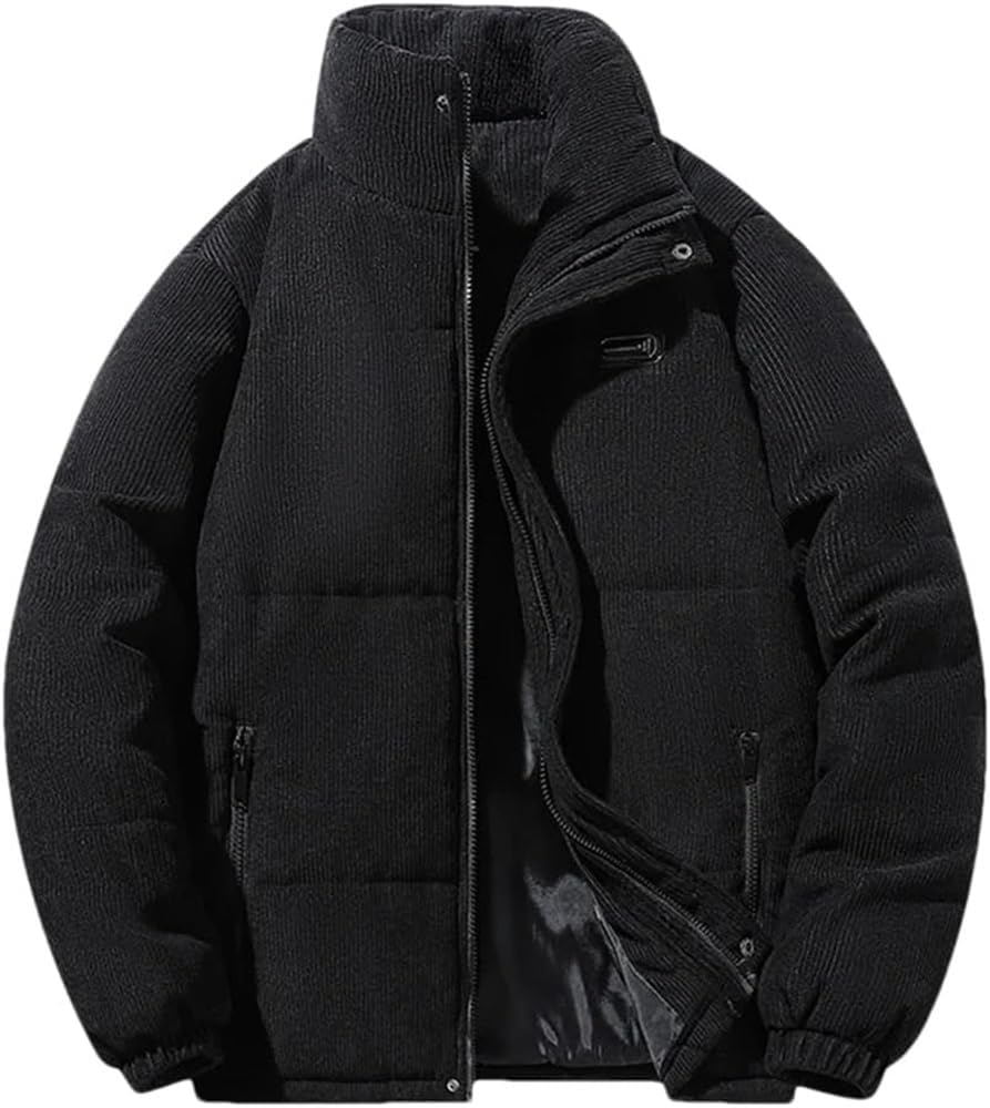 Mens Cotton Padded Corduroy Jacket with Stand Collar Thick Warm Loose Fit Outdoor Camping Overcoat Bread Style