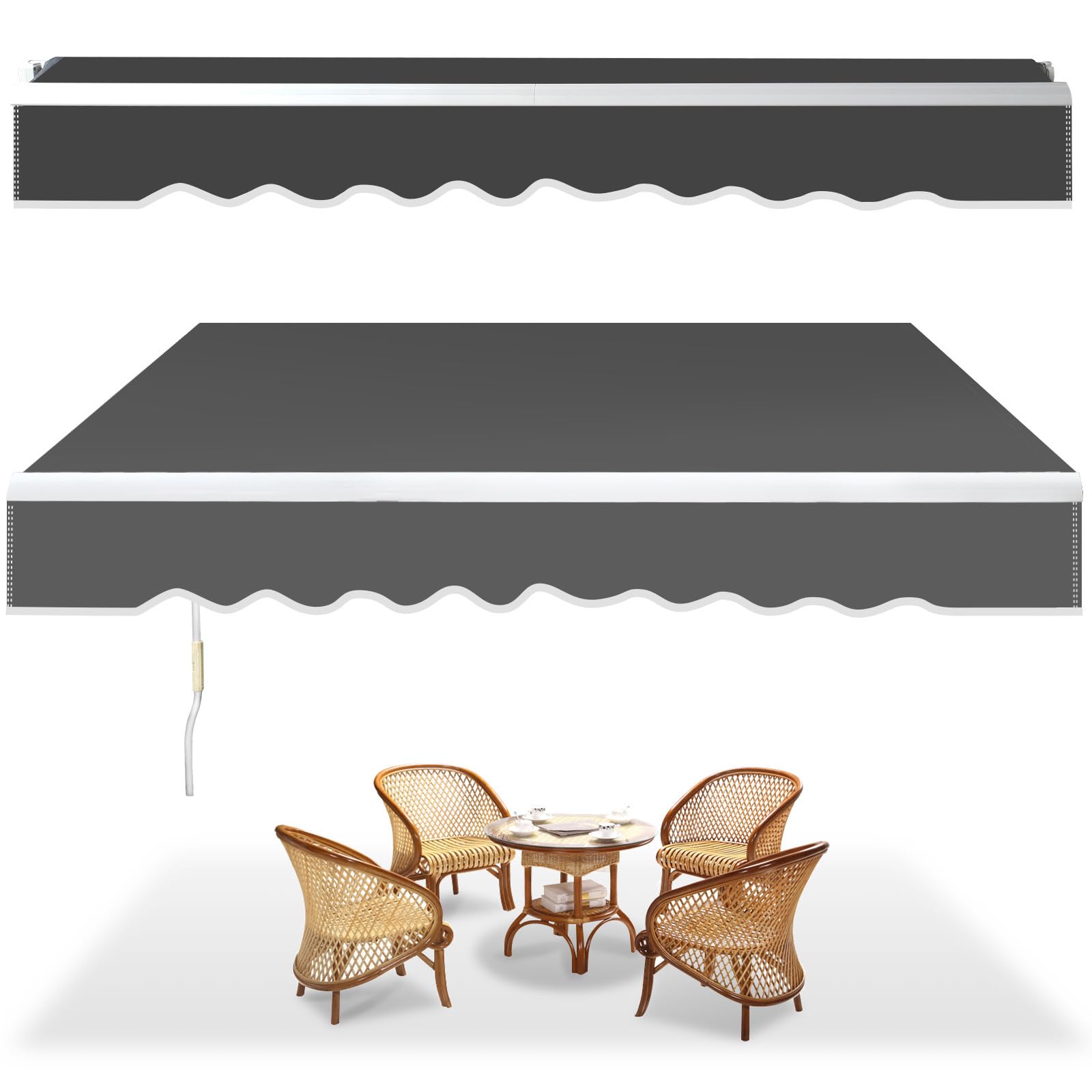 Toldo con brazo articulado, 350 x 300 cm, toldo manual con manivela, ajuste de ángulo de hasta 30 grados, protección solar, protección contra el agua, incluye soporte de pared, color gris