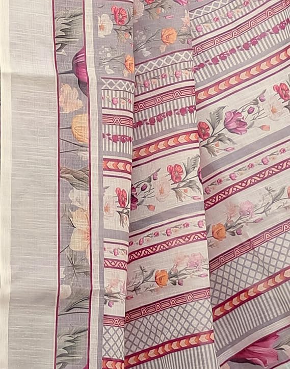 Women’s Cotton Linen Saree with Floral Print and Unstitched Blouse Piece – Traditional Indian Ethnic Wear for Women, Multicolor, 5.5 Meter