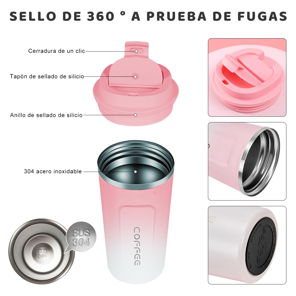 MXCOCO Taza Termo de Café de 18 oz/510 ml de Acero Inoxidable 304 con Tapa, Taza de Vacío para Bebidas de Café Frías y Calientes, Vaso Térmico para Café, para la Oficina, el Automóvil y el Parque