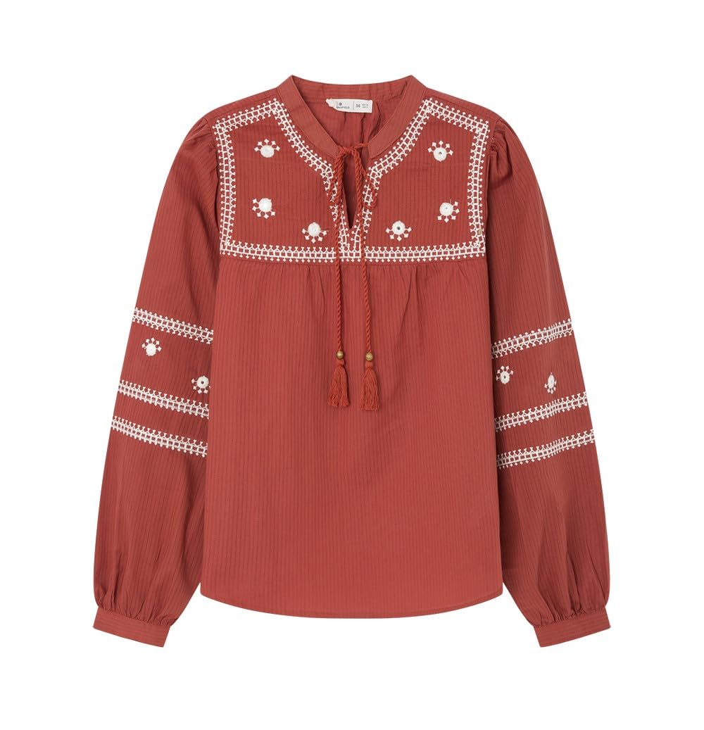 SPRINGFIELD Women's Embroidered Long Sleeve Blouse with Mirrors and Cotton Lacing On The Neckline, Brown Sugar Brown, 16