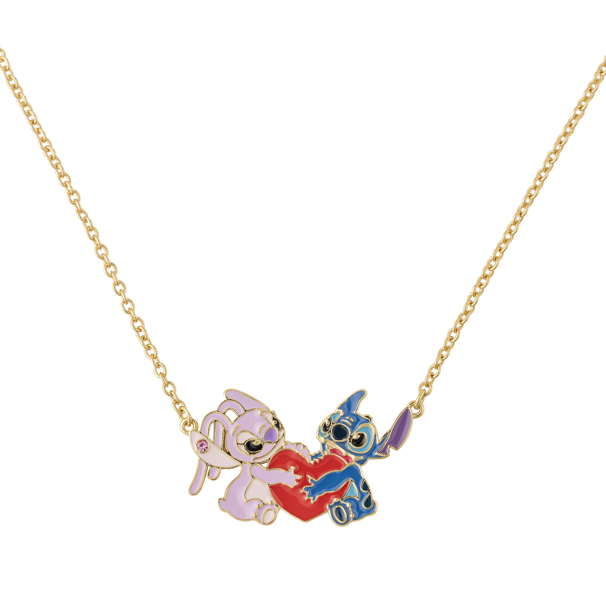 Disney Girls Stitch & Angel Gold Plated Heart Pendant Necklace