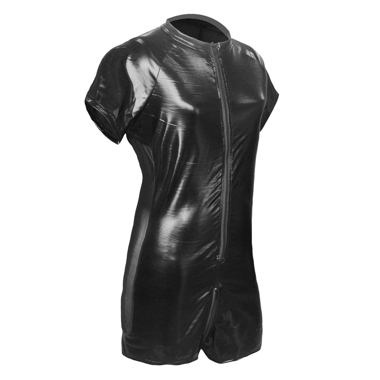 Mono brillante para hombre de cuero negro, traje de gato de cuerpo completo para hombres, sexy, látex, con cremallera, mono de goma, traje de leotardo