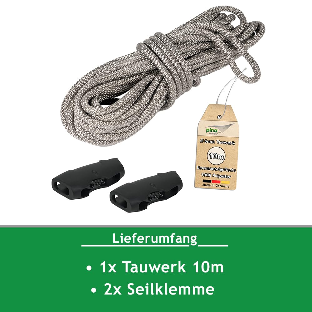 10m Tauwerk, Ø 6mm Seil für Sonnensegel aus Polyester Silber-grau | für Flaschenzug, Umlenkrolle, Seilzug & Boote, 800kg Reißlast & Bruchlast 1050 daN (Tauwerk + 2 Seilklemmen)