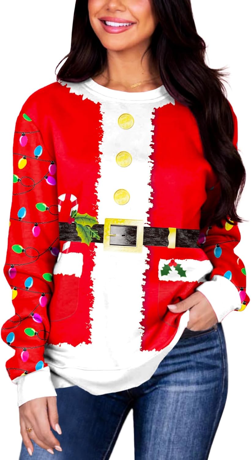 Deerose Women Santa Claus Sweatshirt Ugly Christmas Novelty Printed Party Holiday Shirts L - Image 5
