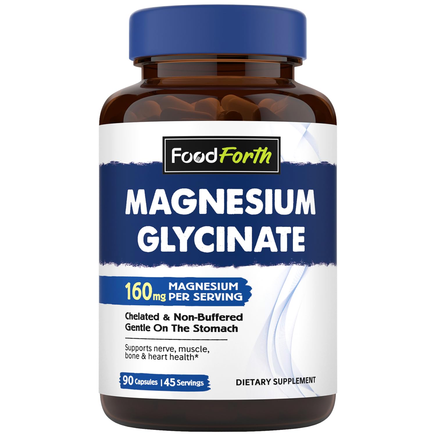 Magnesium Glycinate, Chelated & Non-Buffered, 160mg Elemental Magnesium per Serving, High Absorption, Nerve, Muscle, Bone & Heart Health, 90 Veggie Capsules