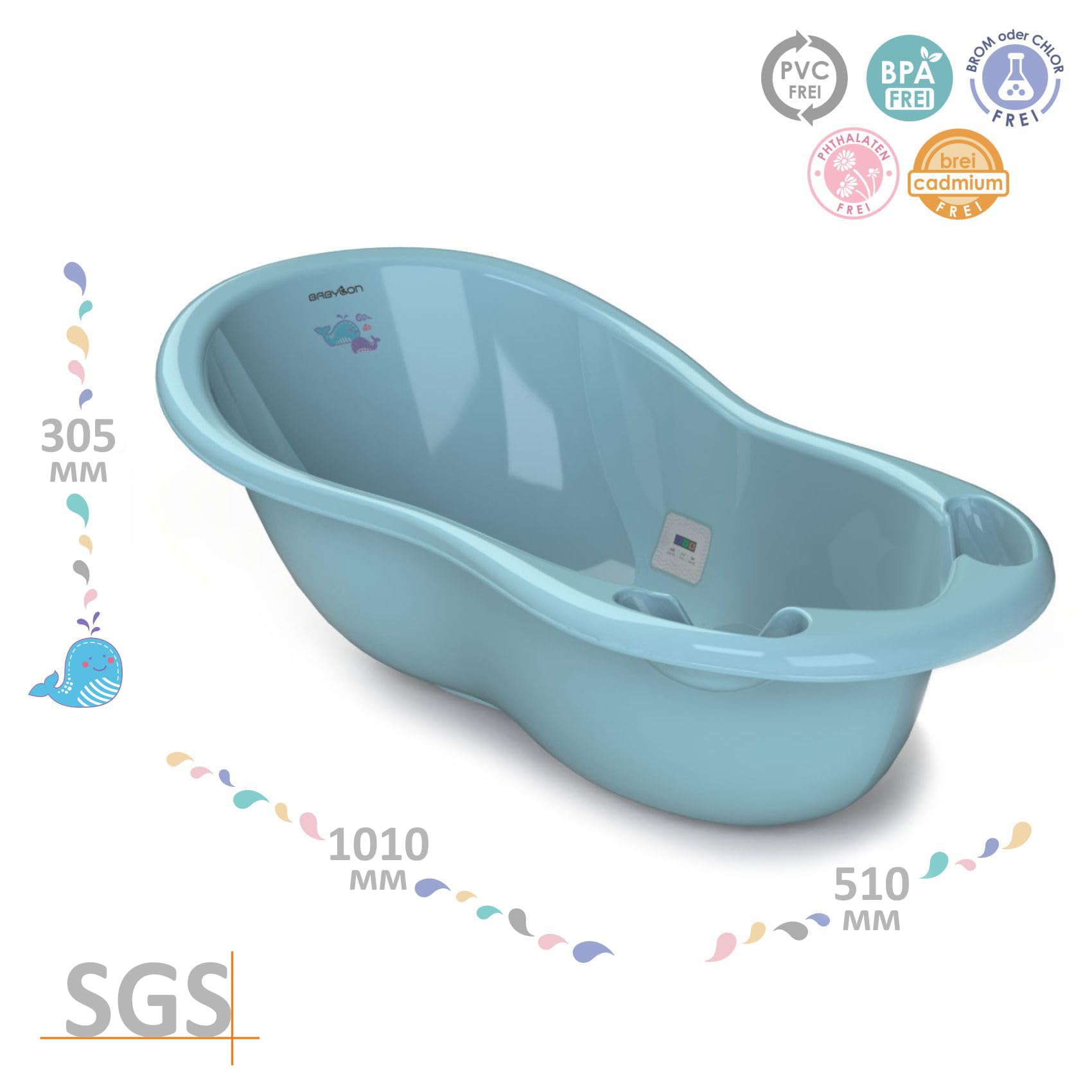 BABYLON Shuttle Bath Baignoire Bébé+Thermomètre+Bouchons, 0-18 mois, Bleu