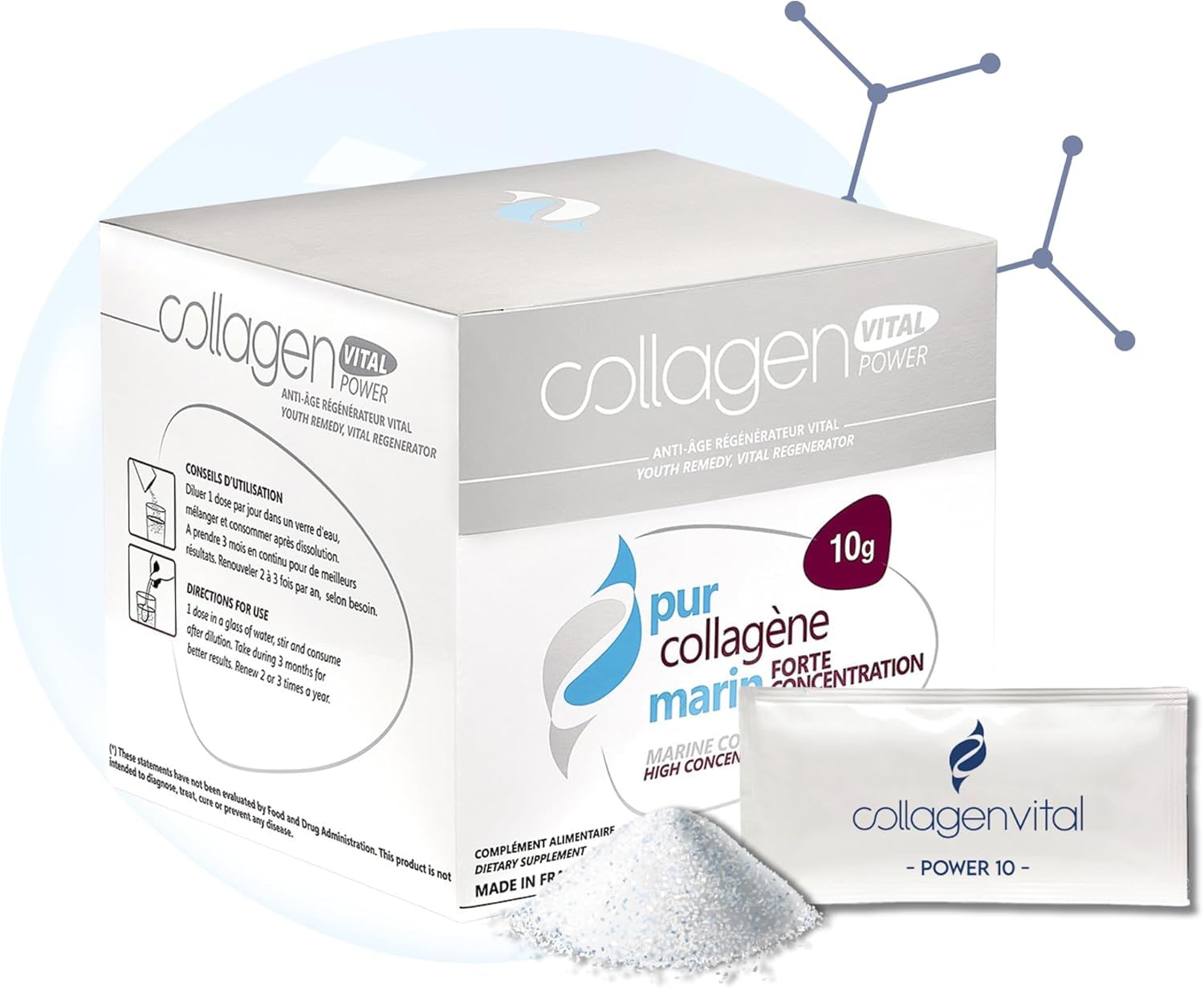 Collagen Vital Power - Actifs de Biopeptides de Pur Collagène Marin à Forte Concentration - Complément Alimentaire Anti-Âge Régénérateur, Fabrication Française - Arôme Pêche, 10g