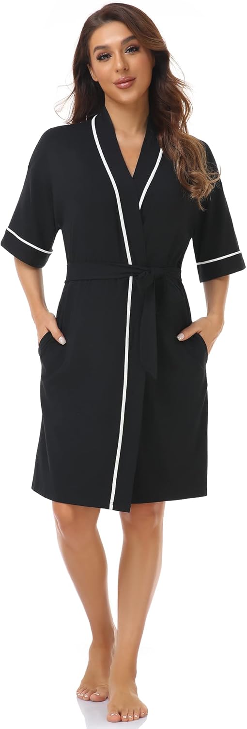 COLORFULLEAF Womens Bamboo Short Robes Lightweight Kimono Cotton Robe Soft Knit Bathrobe Ladies Loungewear with Pockets - Image 3