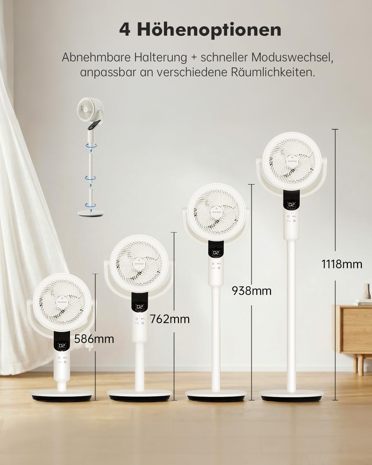 WOWDSGN Standventilator mit Fernbedienung, 22 dB leiser Ventilator für Schlafzimmer & Wohnzimmer, höhenverstellbarer Boden Ventilator mit 3D Oszillation, 8 Windgeschwindigkeiten & 15 St-Timer (Weiß)