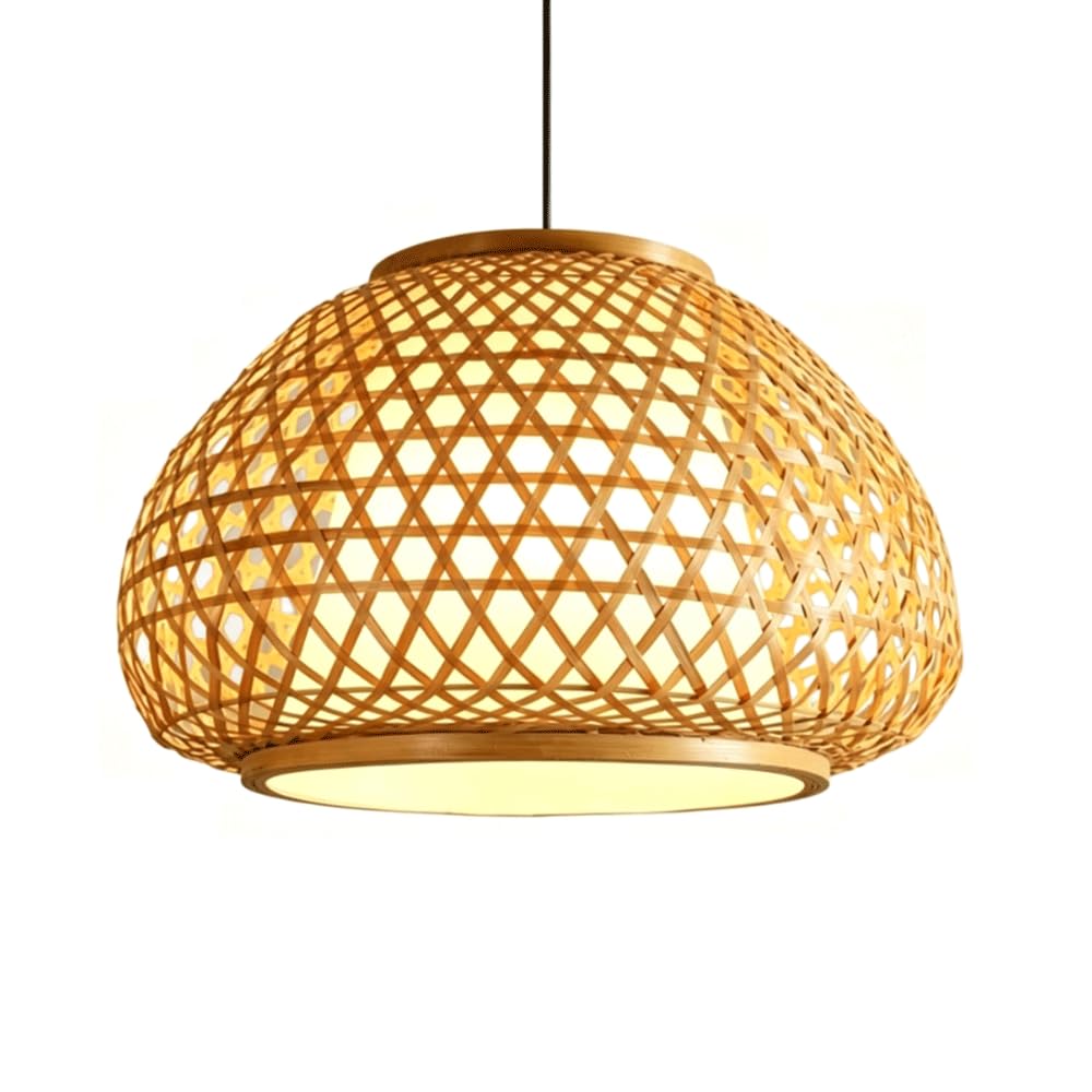 CHUNGYANG Farmhouse Bamboo Pendant Light for Kitchen Island Handwoven Bamboo Imitation Sheepskin Shade Pendant Lamp for Living Room Restaurant Wabi Sabi Style Dining Room Tea Room Lighting Fixture