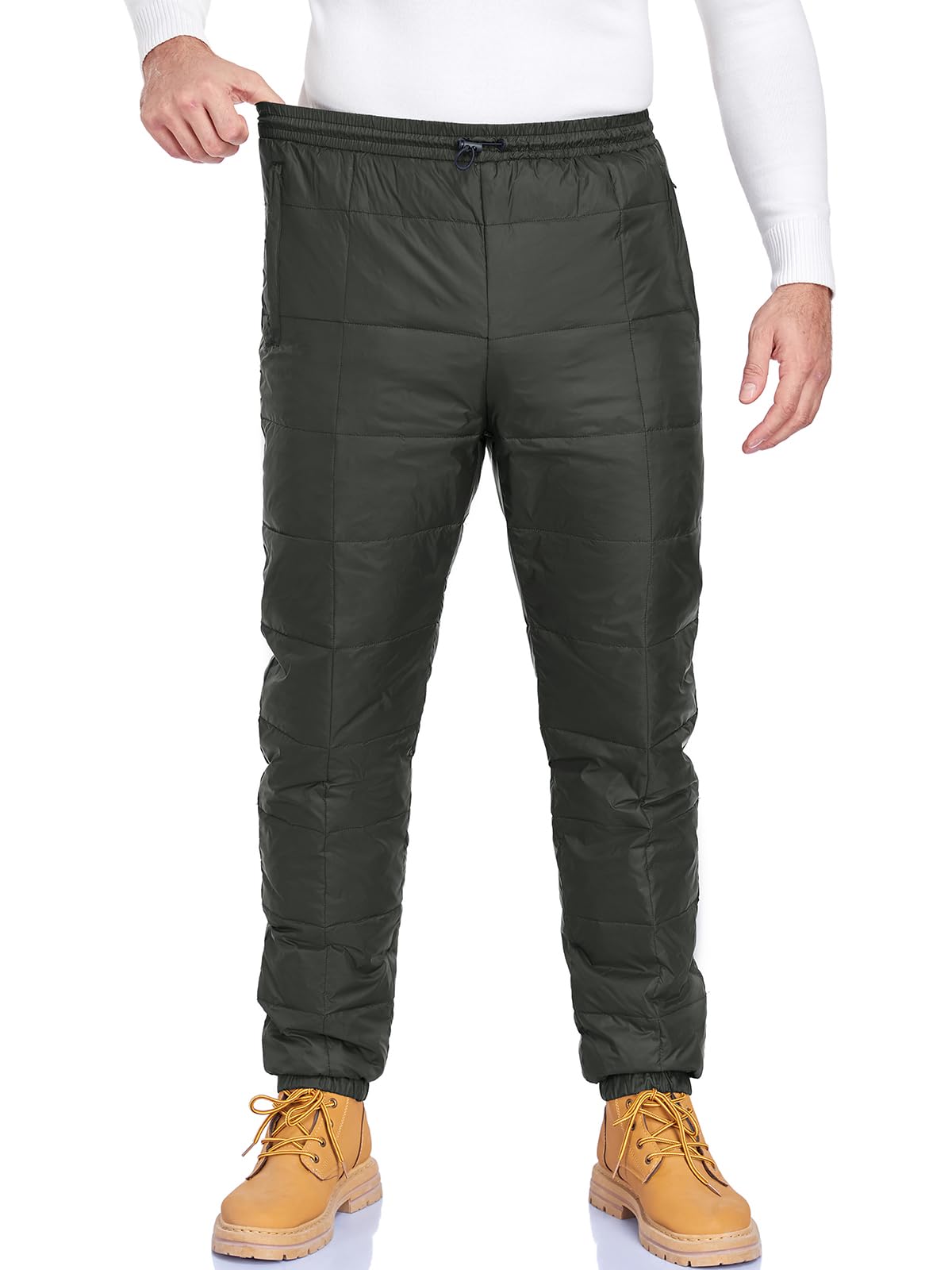 HOTIAN Pantalones térmicos de invierno para hombre ultraligeros con relleno térmico, a prueba de viento, pantalones aislados para camping al aire libre con bolsillos con cremallera