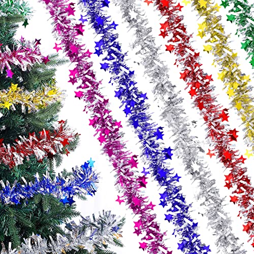 Syhood 6 Guirlandes d'Arbres Colorées 6,56 Feet Guirlande Bleue Étoile Guirlande Tinsel Métallique Guirlande Torsadée en Rouge et Verte Violet Argent et Or Guirlande d'arbre de Noël, 6 Couleurs